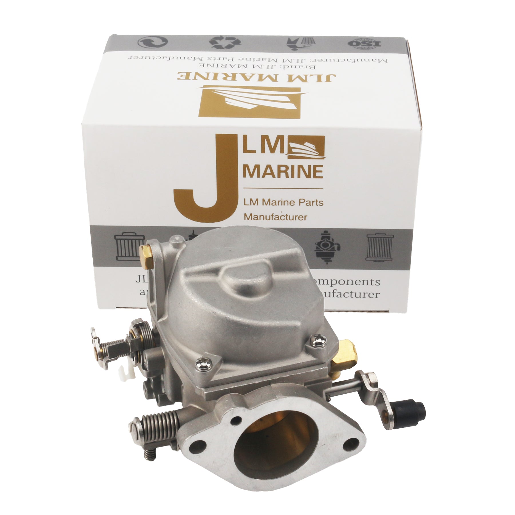 photo of jlm marine carburetor for tohatsu nissan 25hp 30hp 3p0-03200-0 silver metal with mounting flange and two holes showing gold bolt springs linkage