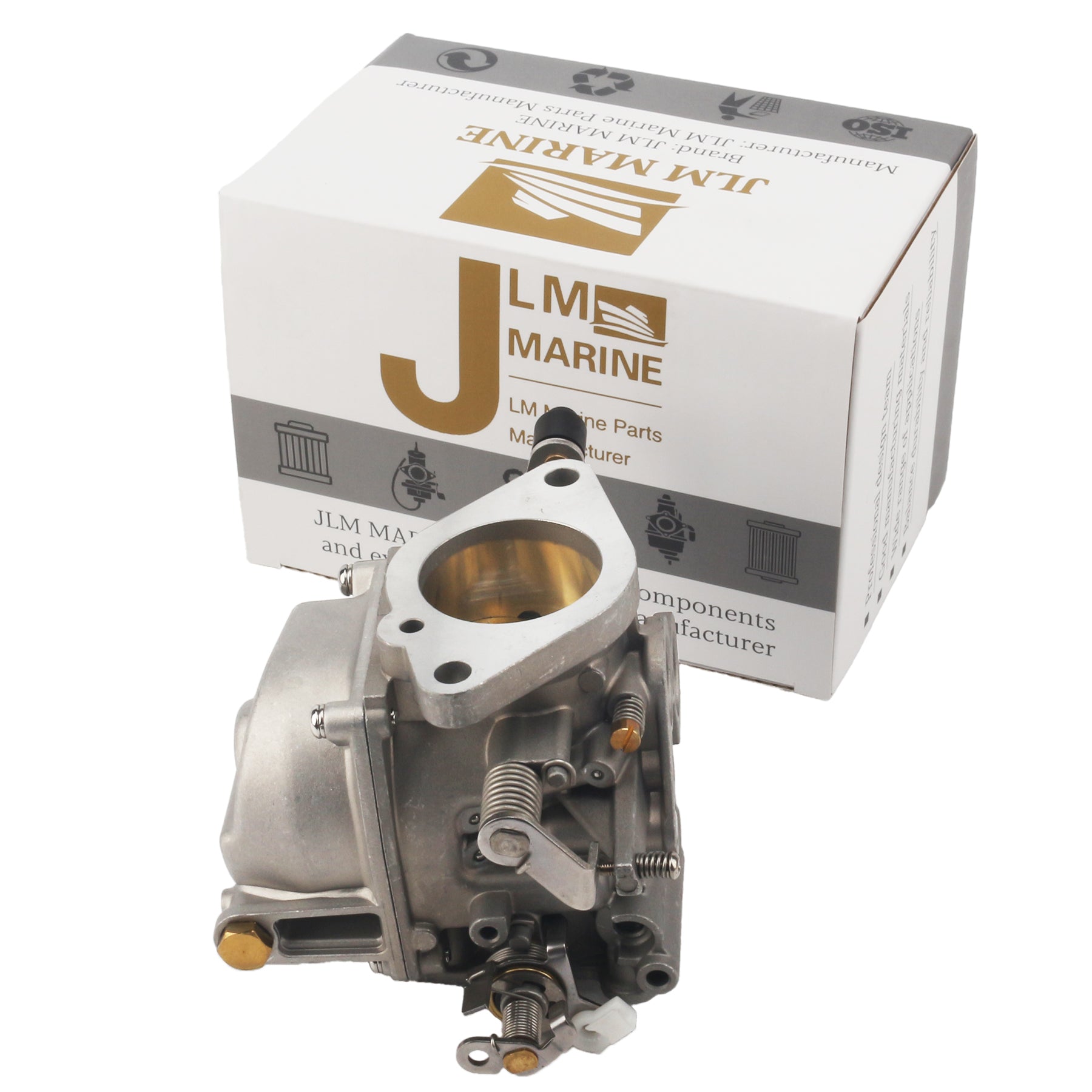 photo of JLM Marine carburetor 3p0-03200-0 for Tohatsu Nissan 25/30hp, grey metal body, brass cap, mounting holes, clean bore
