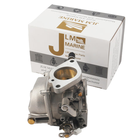 photo of JLM Marine carburetor 3p0-03200-0 for Tohatsu Nissan 25/30hp, grey metal body, brass cap, mounting holes, clean bore