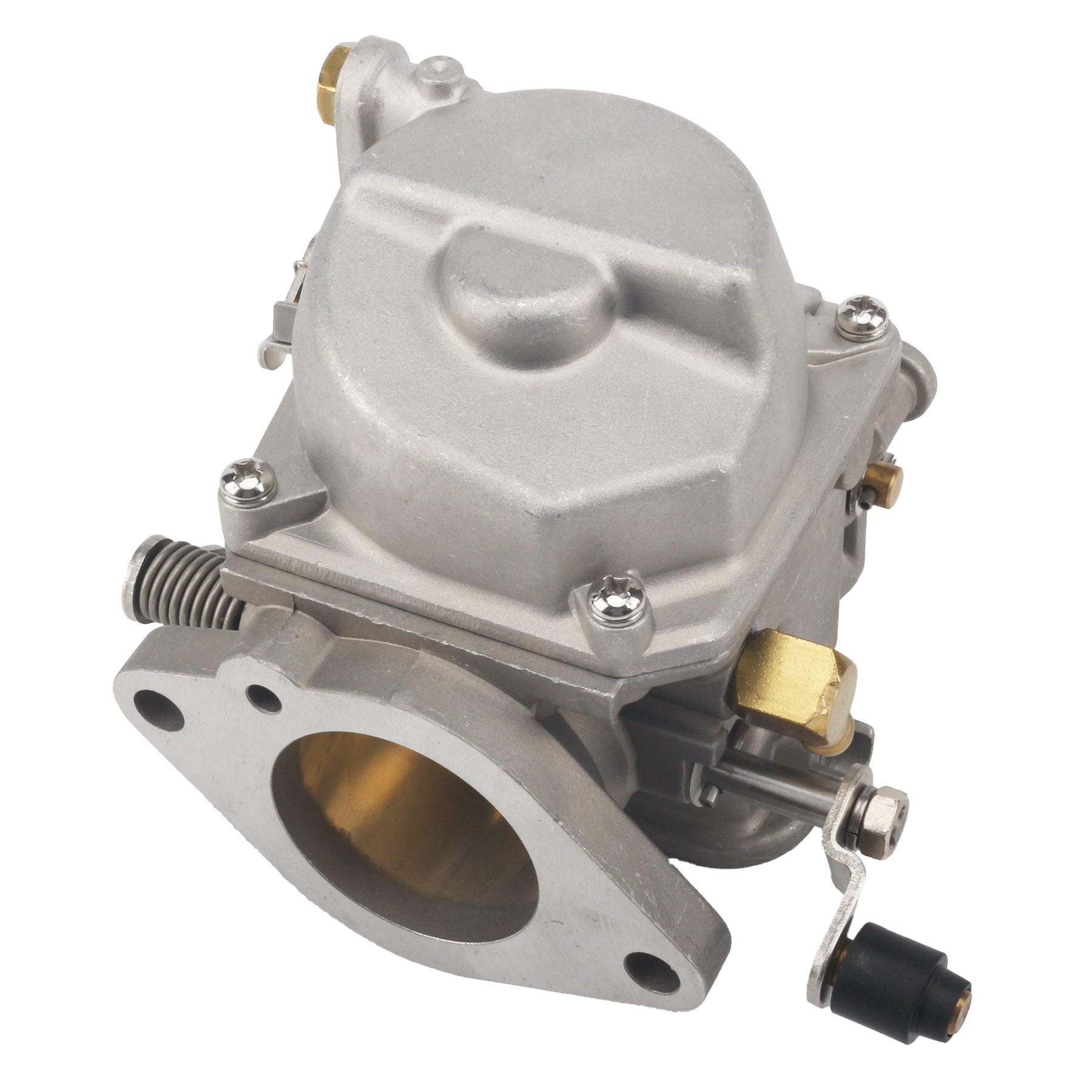 close-up photo of JLM Marine carburetor for Tohatsu Nissan M NS 25hp 30hp 3p0-03200-0, silver metal, with brass fittings and intake flange with two bolt holes