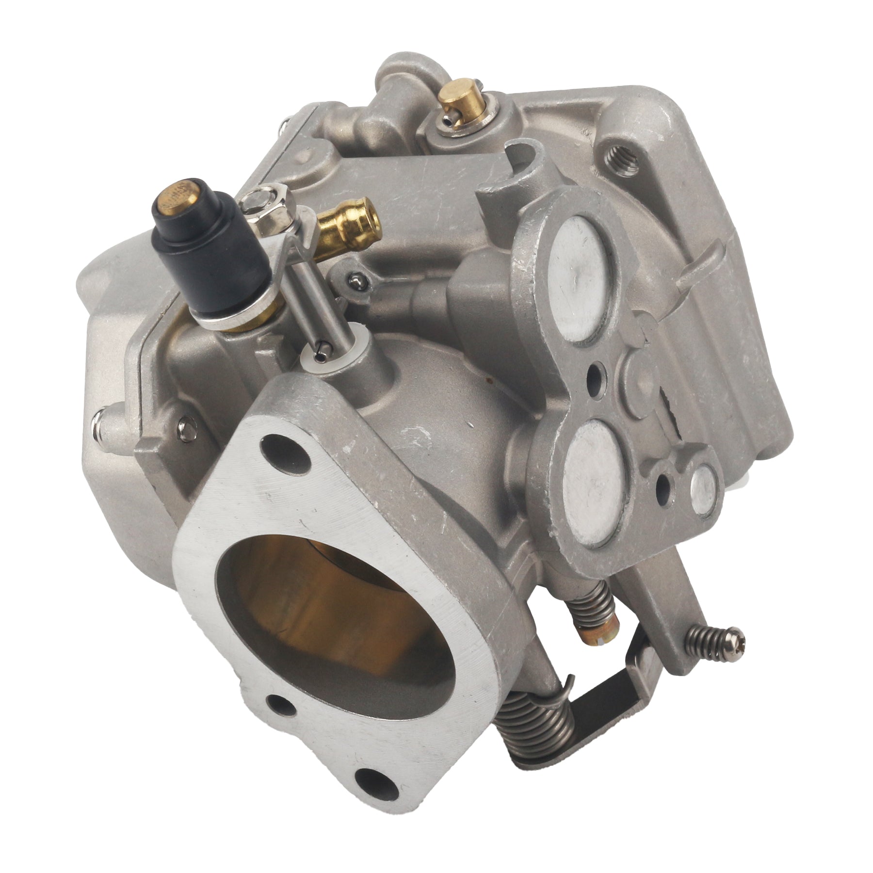 photo carburetor JLM Marine for tohatsu nissan ns 25hp 30hp 3p0-03200-0 with four-bolt mounting flange fuel inlet choke mechanism and throttle linkages