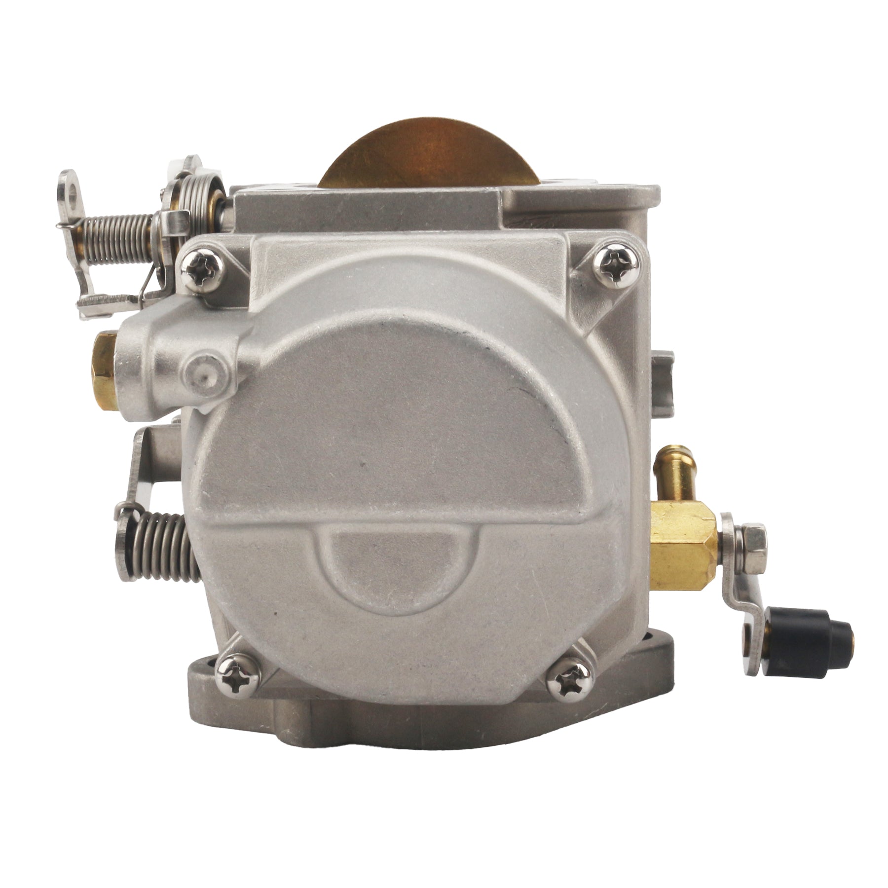 photo of carburetor for tohatsu nissan 25-30hp 3p0-03200-0 silver metal with brass fittings hose barb throttle linkage levers and mounting holes