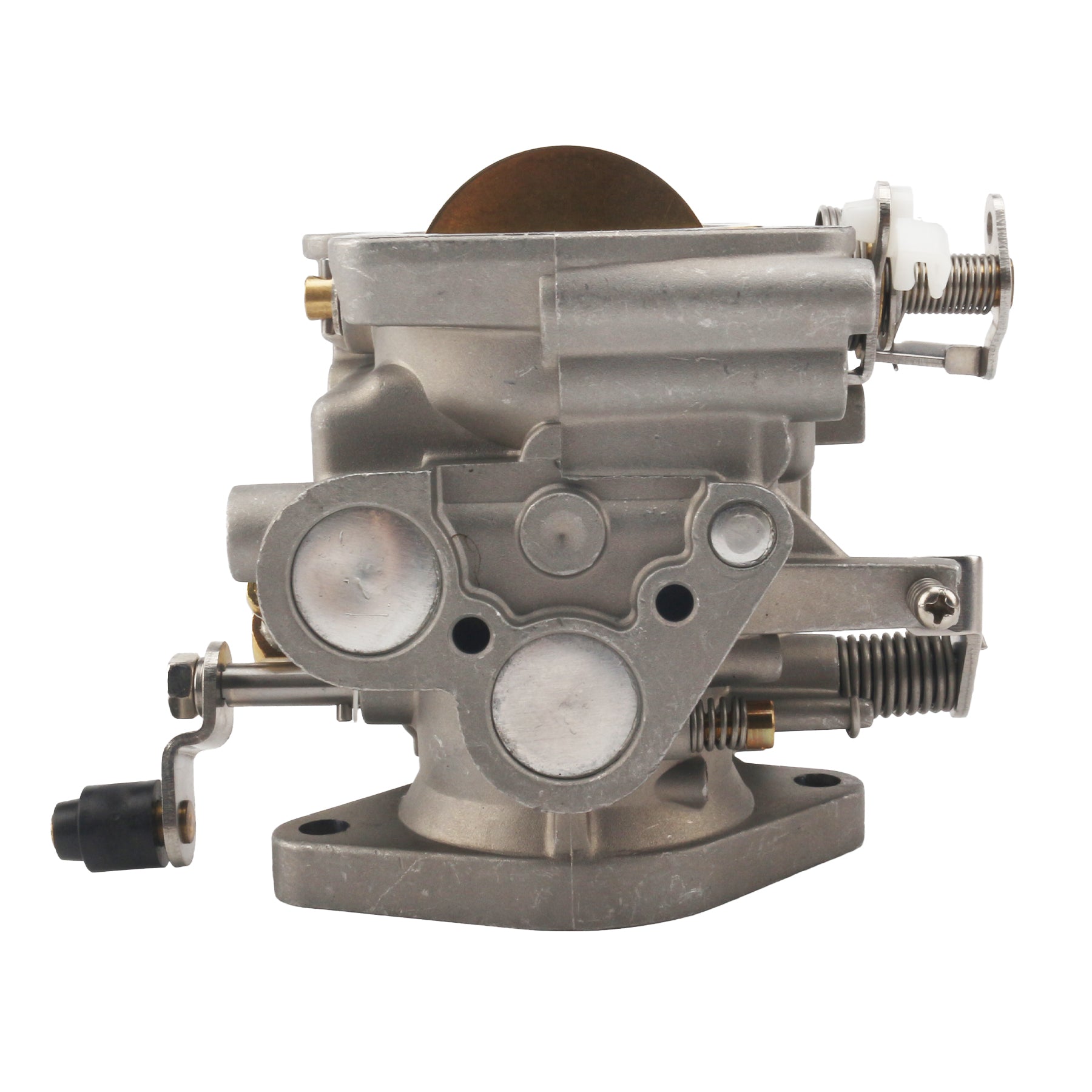 photo of jlm marine carburetor for tohatsu nissan 25hp 30hp 3p0-03200-0 with square flange two mounting holes and lever mechanism