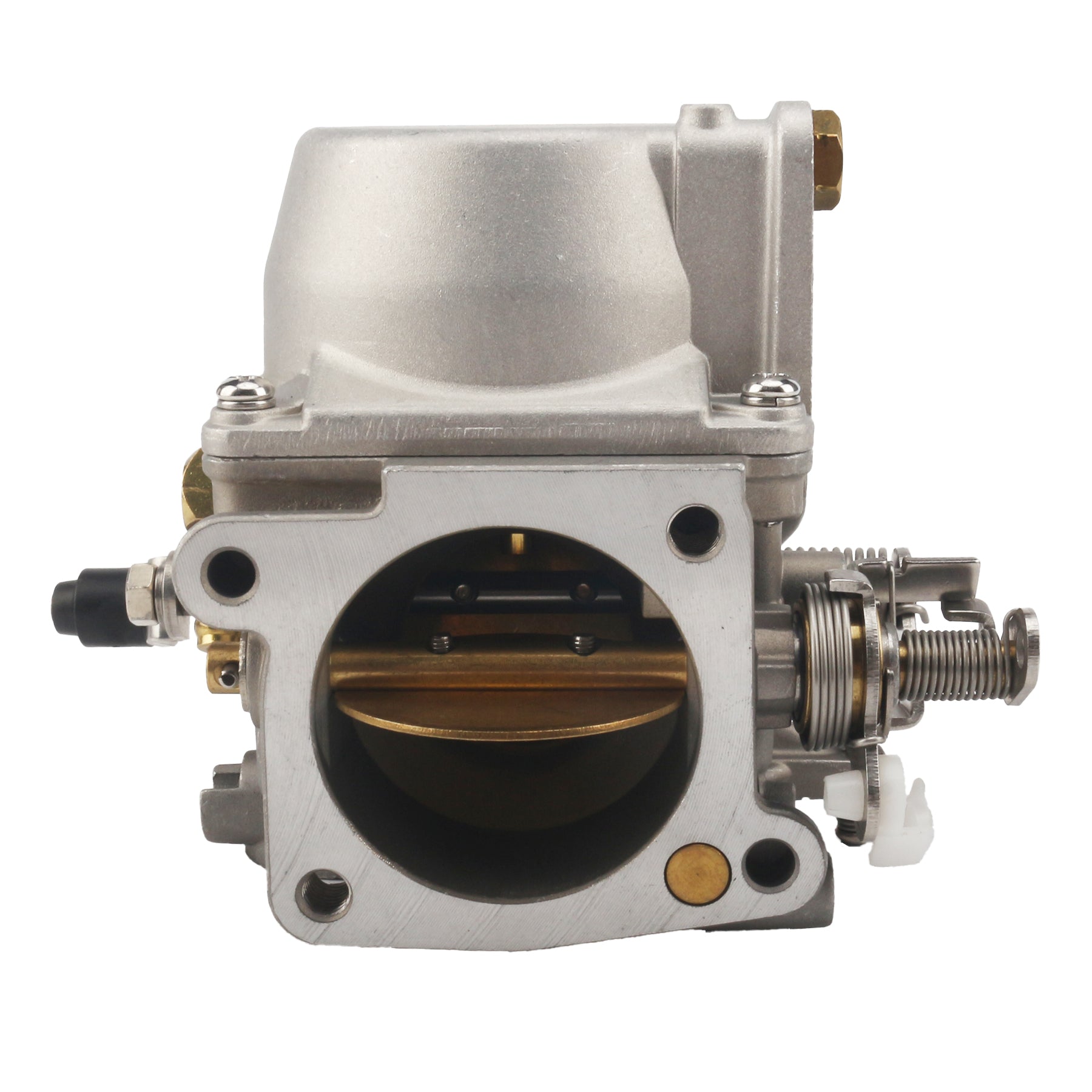 photo of jlm marine carburetor for tohatsu nissan 25hp 30hp 3p0-03200-0, brushed aluminum with brass components, oval bore with gold throttle plate, mounting holes