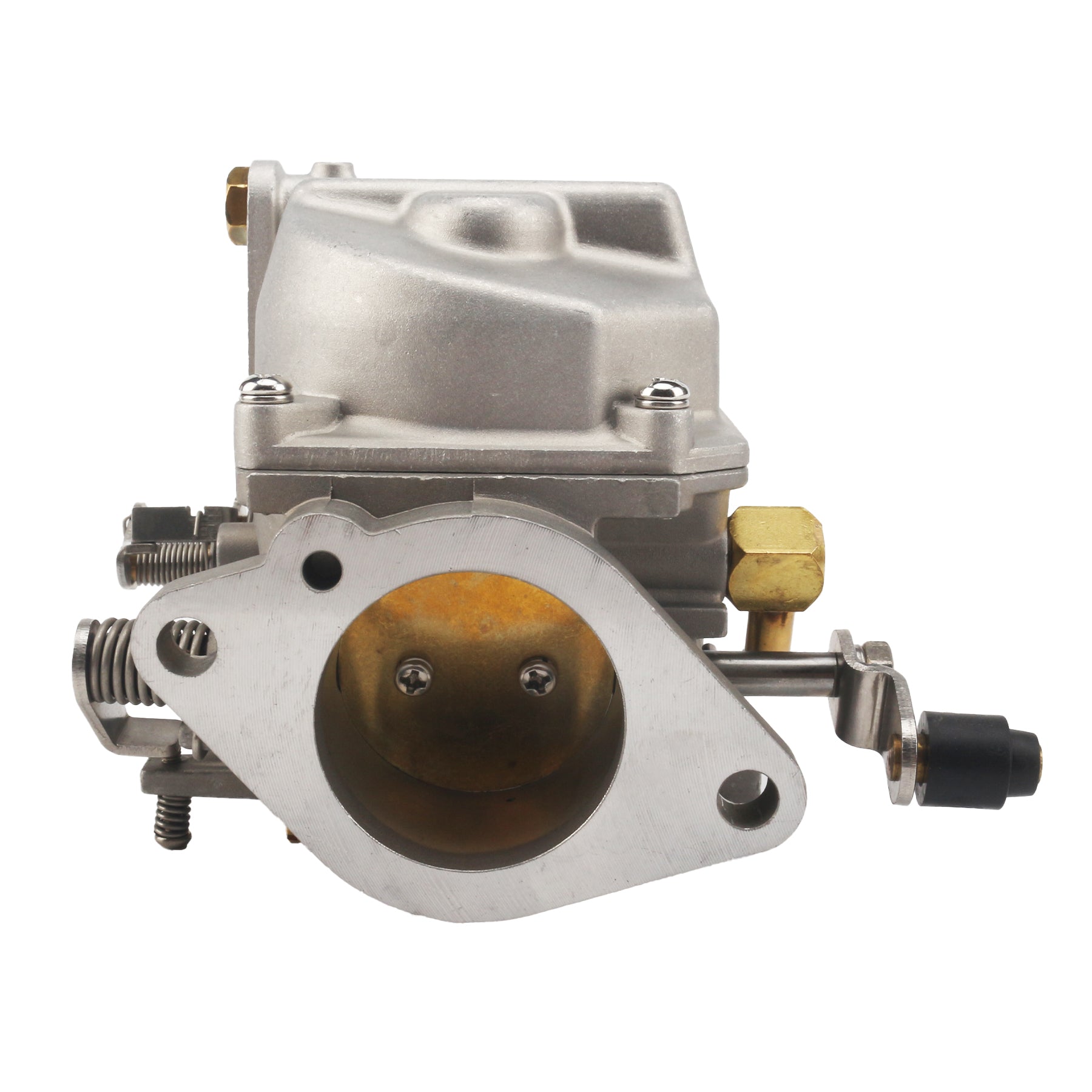 close-up photo of JLM Marine carburetor for Tohatsu Nissan 25hp 30hp 3p0-03200-0, silver aluminum body, brass fittings, mounting flange with two holes