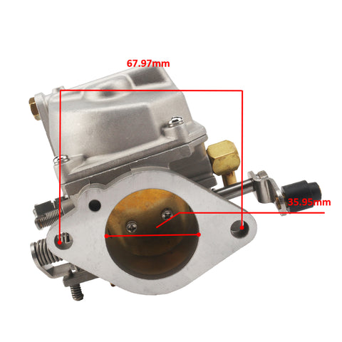 photo of jlm marine carburetor for tohatsu nissan 25-30hp, silver metal, gold fitting, black component, measured dimensions 67.97mm and 35.95mm