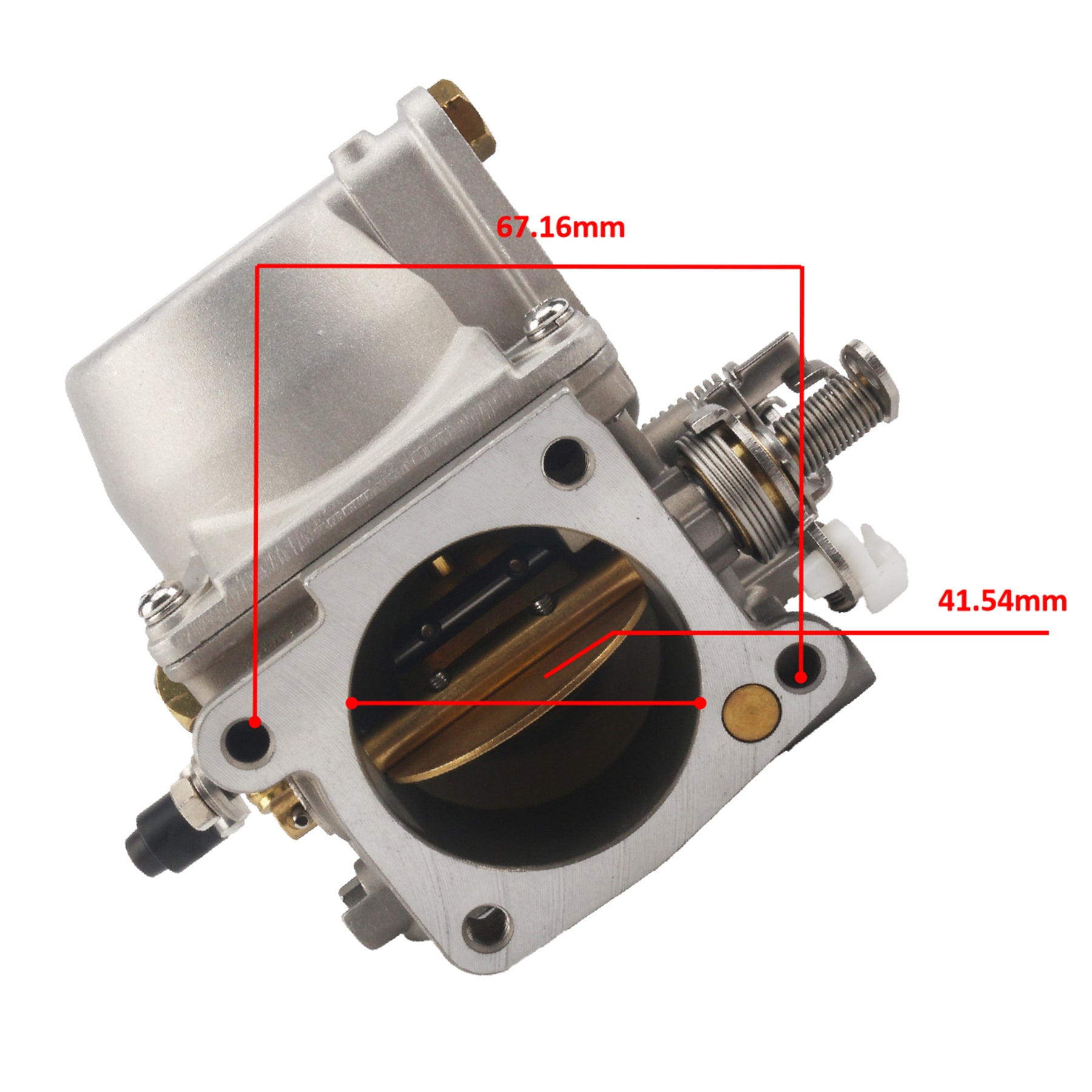 photo of jlm marine carburetor for tohatsu nissan 25hp 30hp ns25 ns30 3p0-03200-0 with 67.16mm and 41.54mm measurements indicated, silver metal, visible throttle bore, fuel inlet