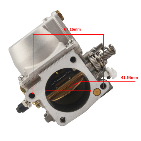 photo of jlm marine carburetor for tohatsu nissan 25hp 30hp ns25 ns30 3p0-03200-0 with 67.16mm and 41.54mm measurements indicated, silver metal, visible throttle bore, fuel inlet
