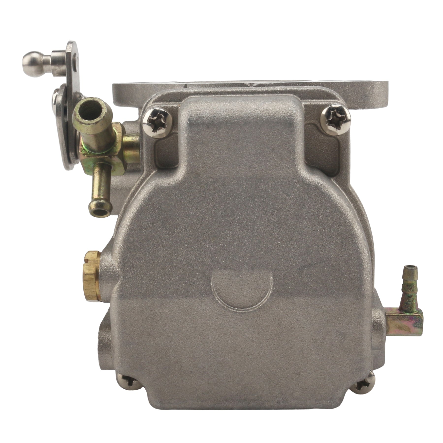 photo of JLM Marine carburetor for Mercury 70-80-90 hp 2-stroke 3301-9012a14-1, side view, matte silver metal, brass hose barb fittings, Phillips head screws