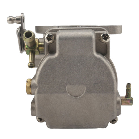 photo of JLM Marine carburetor for Mercury 70-80-90 hp 2-stroke 3301-9012a14-1, side view, matte silver metal, brass hose barb fittings, Phillips head screws