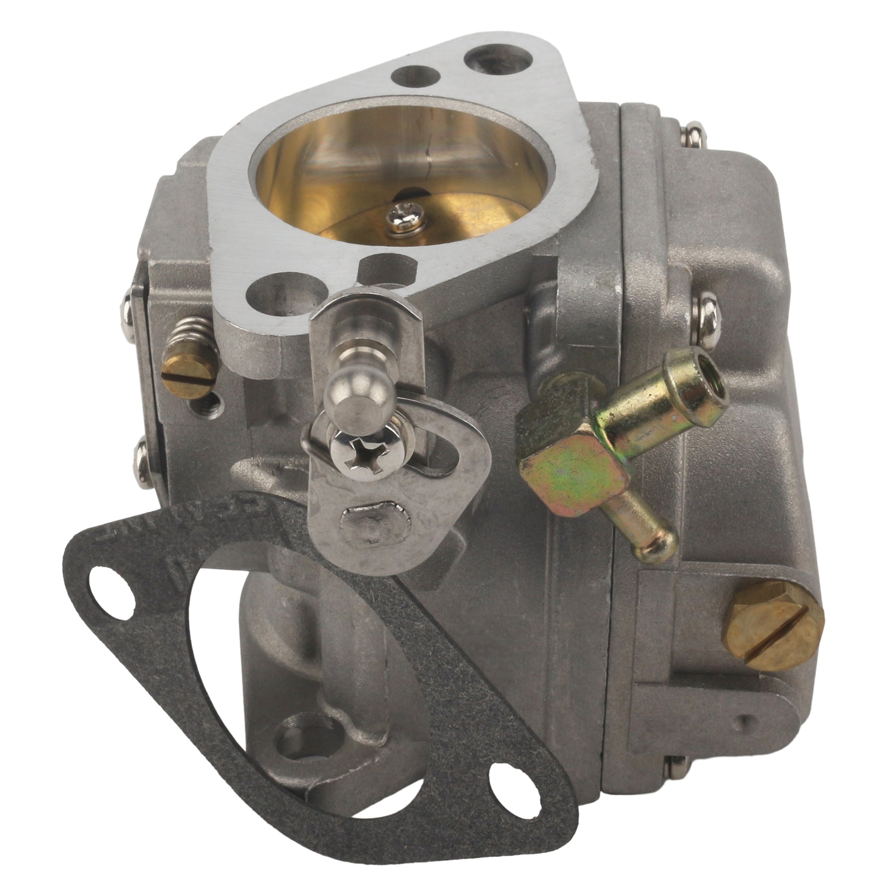 photo of JLM Marine carburetor for Mercury 70-90 hp 2-stroke 3301-9012a14-1, side view, metallic gray finish, flange with two bolt holes, fuel inlet fitting with banjo bolt and brass elbow, lever mechanism, dark gray gasket