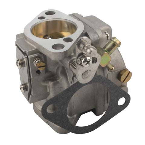 close-up photo of JLM Marine carburetor for Mercury 70-90 hp 2-stroke, silver-toned metal with visible mounting flange, black gasket with two mounting holes, brass fuel inlet, and throttle linkage components