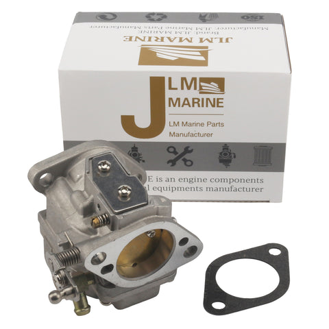 photo of jlm marine carburetor for mercury 70-90 hp 2-stroke 3301-9012a14a14 silver cast aluminum with two bolt holes intake flange brass interior and a black gasket