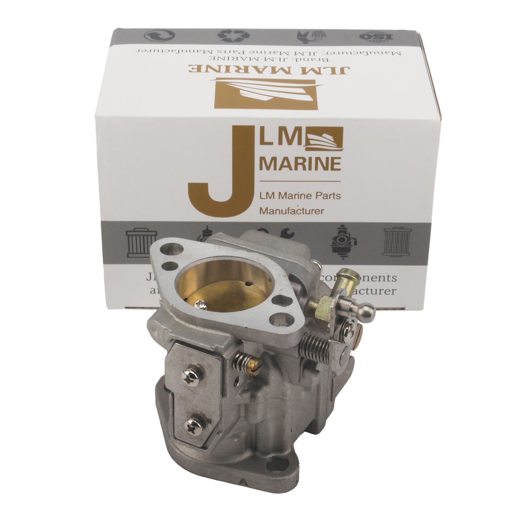 photo of jlm marine carburetor 3301-9012a14 for mercury 70-80-90 hp 2-stroke, silver metal with brass throat, mounting flange with holes, throttle lever, and various screws