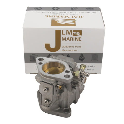photo of jlm marine carburetor 3301-9012a14 for mercury 70-80-90 hp 2-stroke, silver metal with brass throat, mounting flange with holes, throttle lever, and various screws
