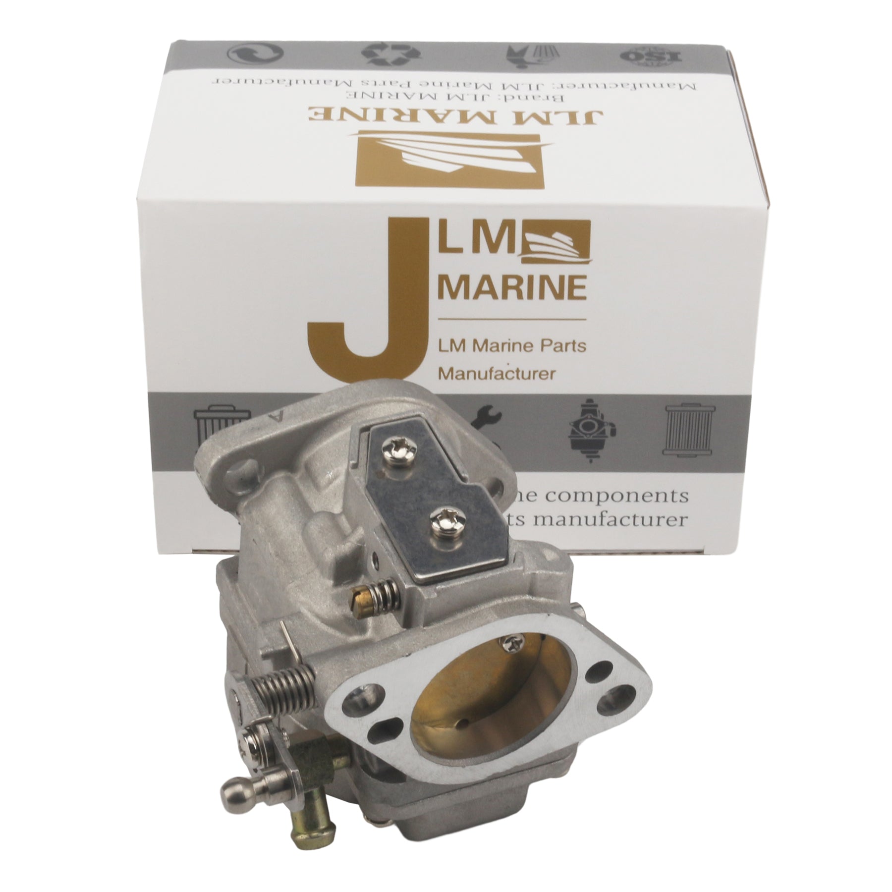 carburetor for mercury 70 80 90 hp 2 stroke 3301-9012a14 close-up of silver metal carburetor with brass interior, visible screws and springs