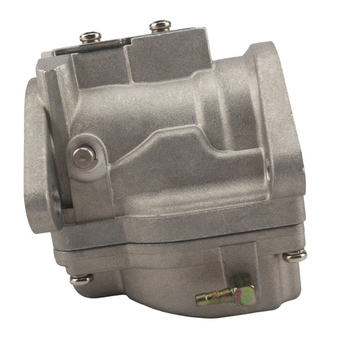 carburetor for mercury 70-80-90 hp 2-stroke 3301-9012a14 carburetor, gray metallic cast aluminum, angled view with fuel line fitting