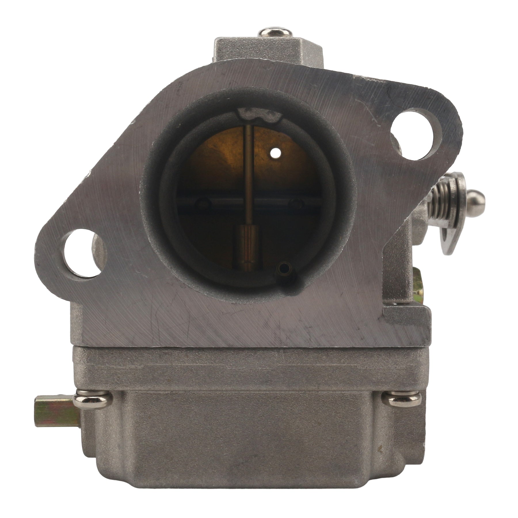 photo of JLM Marine carburetor for Mercury 70-90 hp 2-stroke, showing silvery-gray brushed metal finish, triangular mounting flange with two holes, central opening with internal linkage and brassy components, black rubber gasket, and textured lower fuel bowl with visible fasteners and spring