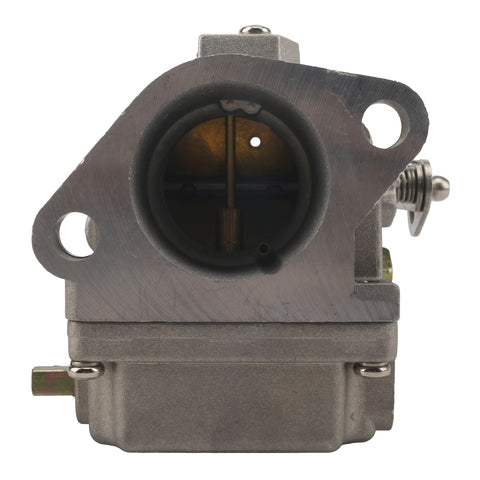 photo of JLM Marine carburetor for Mercury 70-90 hp 2-stroke, showing silvery-gray brushed metal finish, triangular mounting flange with two holes, central opening with internal linkage and brassy components, black rubber gasket, and textured lower fuel bowl with visible fasteners and spring