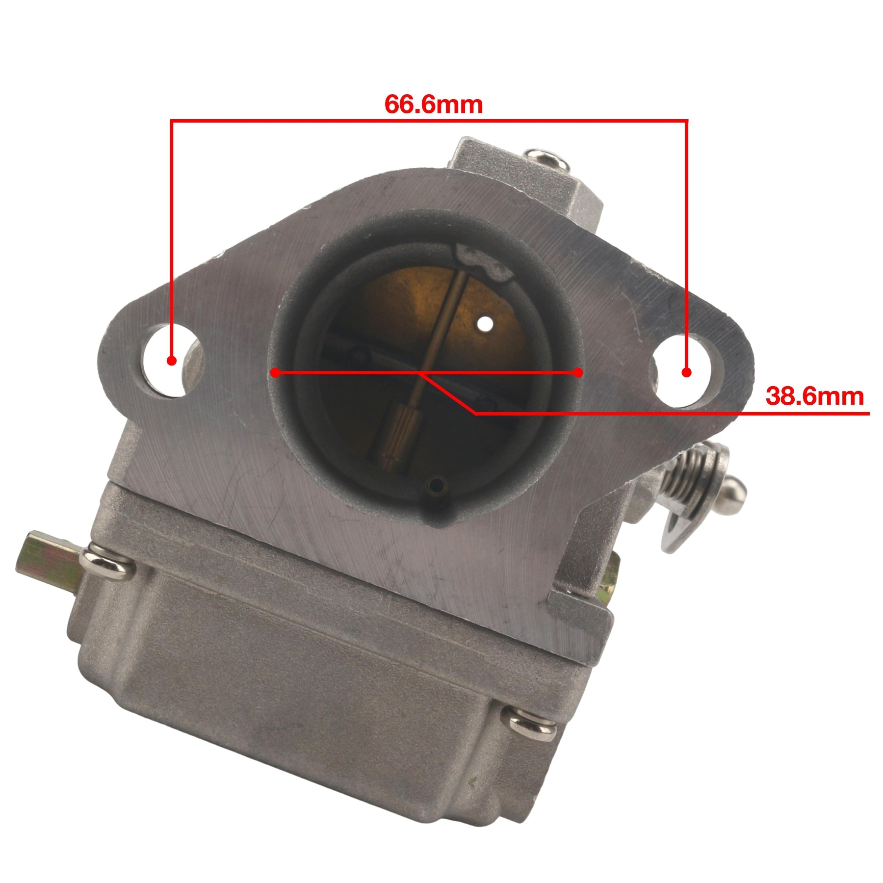 JLM Marine carburetor for Mercury 70-80-90hp, 3301-9012a14-1, metal with two mounting holes, shows 66.6mm width on bracket and 38.6mm central opening