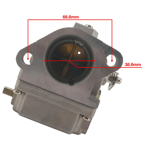 JLM Marine carburetor for Mercury 70-80-90hp, 3301-9012a14-1, metal with two mounting holes, shows 66.6mm width on bracket and 38.6mm central opening