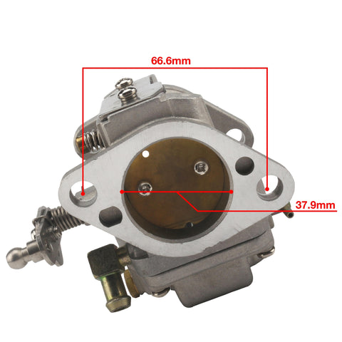 photo of jlm marine carburetor for mercury 70-80-90 hp 2-stroke 3301-9012a14-1, silver metal with brass internal components, 66.6mm width, 37.9mm opening height, two mounting holes, fuel inlet fitting