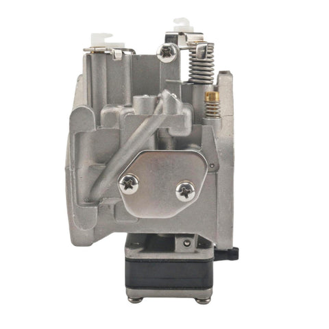 close-up photo of jlm marine carburetor for tohatsu nissan 9.8hp 3b2-03200-1 with silver aluminum body, scoop cover, springs, levers, and black mounting base