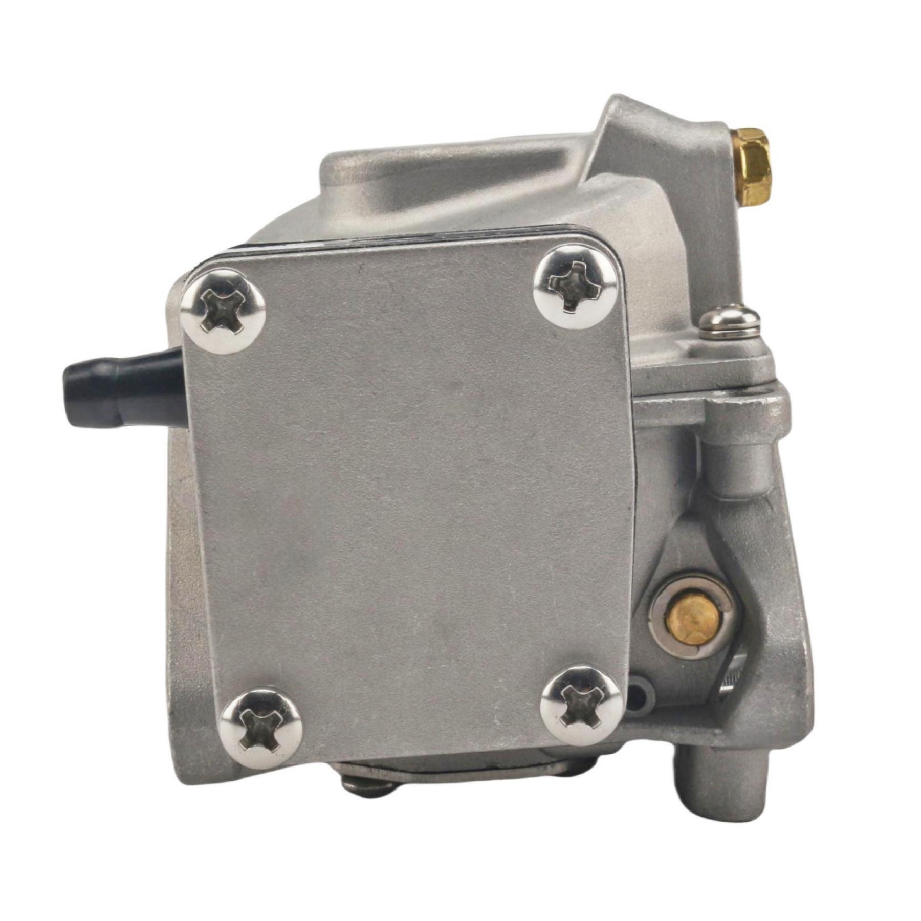 photo of jlm marine carburetor 3b2-03200-1 for tohatsu nissan 9.8hp showing silver metal casing, rectangular side plate with four screws, black spout, gold fitting, and circular base fitting