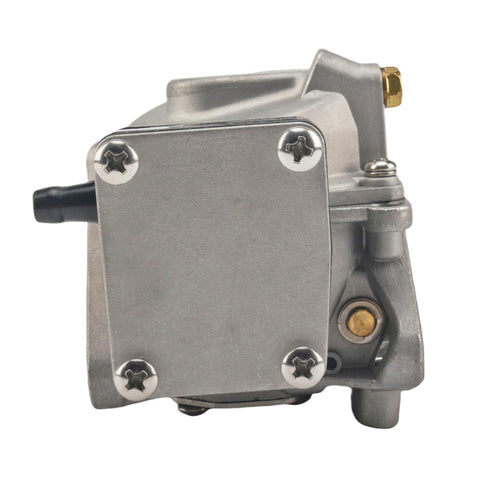 photo of jlm marine carburetor 3b2-03200-1 for tohatsu nissan 9.8hp showing silver metal casing, rectangular side plate with four screws, black spout, gold fitting, and circular base fitting