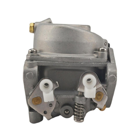 photo jlm marine carburetor for tohatsu nissan 9.8hp 3b2-03200-1-18-7358 silver metal side view with brass fitting and two lever mechanisms