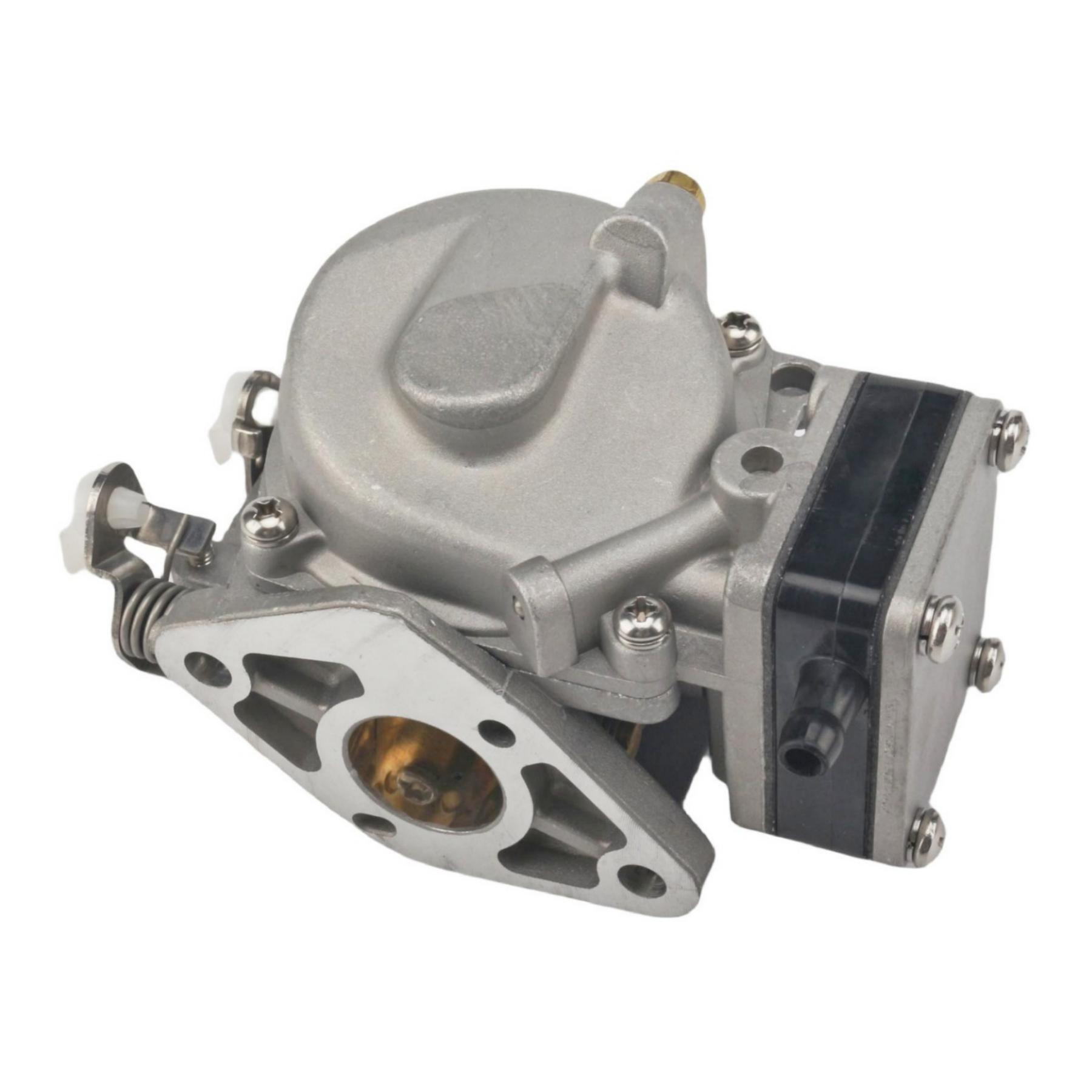 photo of jlm marine carburetor 3b2-03200-1 for tohatsu nissan 9.8hp with silver body, black side assembly, brass fitting and lever