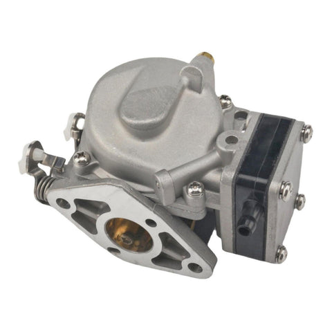 photo of jlm marine carburetor 3b2-03200-1 for tohatsu nissan 9.8hp with silver body, black side assembly, brass fitting and lever