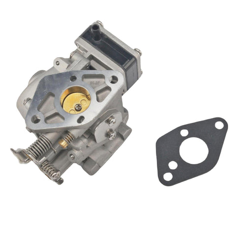 photo of jlm marine carburetor for tohatsu nissan 9.8hp 3b2-03200-1-18-7358 with mounting flange, brass throttle plate, black housing, and gasket