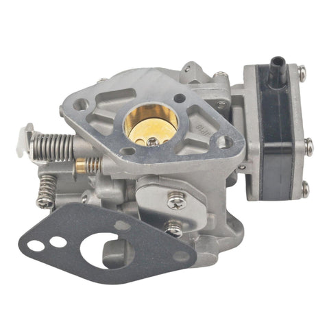 photo jlm marine carburetor for tohatsu nissan 9.8hp 3b2-03200-1 jp18 side view silver metal black accents mounting holes gasket springs levers fittings
