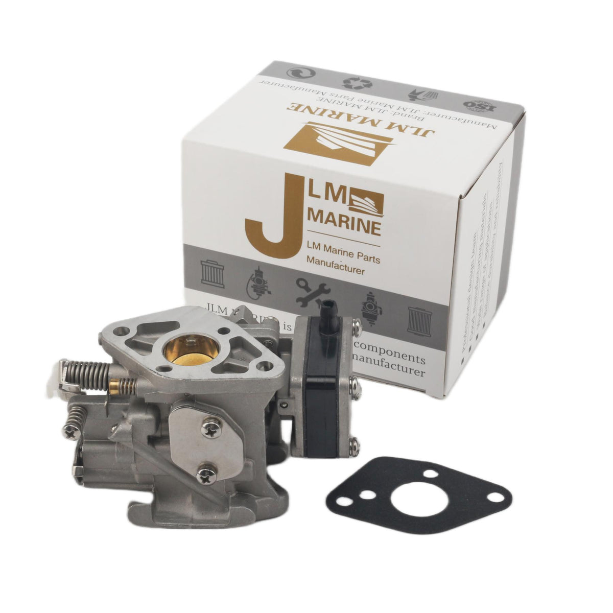 photo of jlm marine carburetor for tohatsu nissan 9.8hp 3b2-03200-1, silver-toned metal with black gasket and packaging