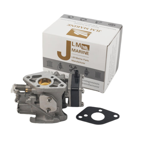 photo of jlm marine carburetor for tohatsu nissan 9.8hp 3b2-03200-1, silver-toned metal with black gasket and packaging