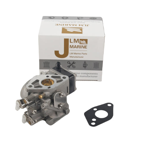 photo of jlm marine carburetor for tohatsu nissan 9.8hp 3b2-03200-1, metal part with springs and connectors, with black gasket and jlm marine branded box