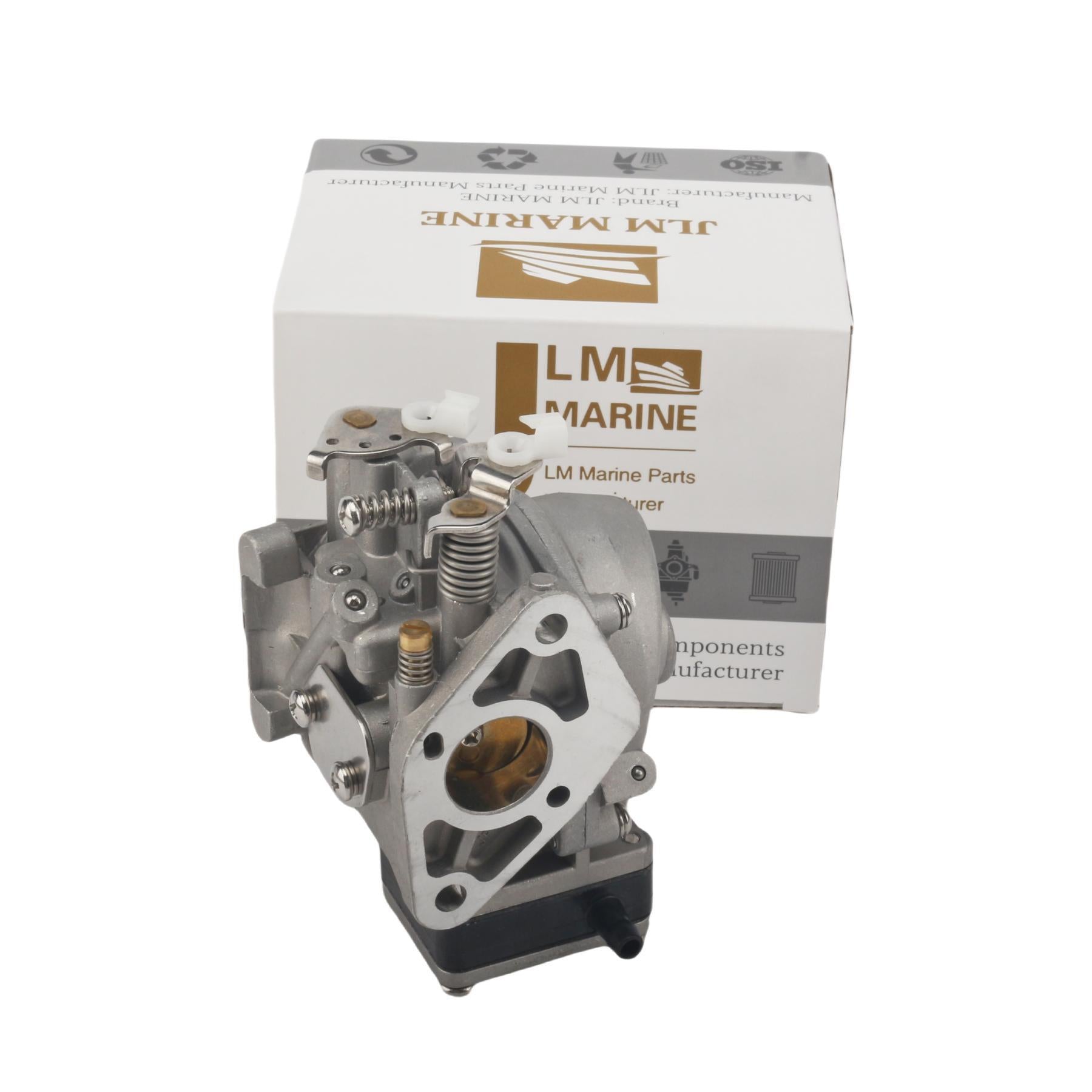 photo of jlm marine carburetor 3b2-03200-1 for tohatsu nissan 9.8hp, silver aluminum construction with springs, levers, screws, and two white plastic ports