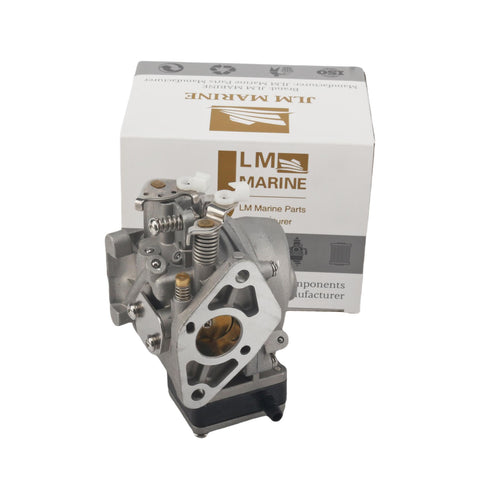 photo of jlm marine carburetor 3b2-03200-1 for tohatsu nissan 9.8hp, silver aluminum construction with springs, levers, screws, and two white plastic ports