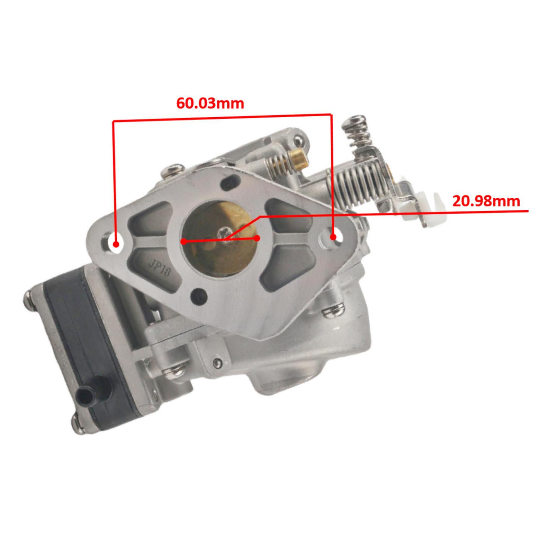 photo of jlm marine carburetor for tohatsu nissan 9.8hp 3b2-03200-1, metal construction, shows 60.03mm horizontal measurement and 20.98mm vertical measurement, JP13 marking