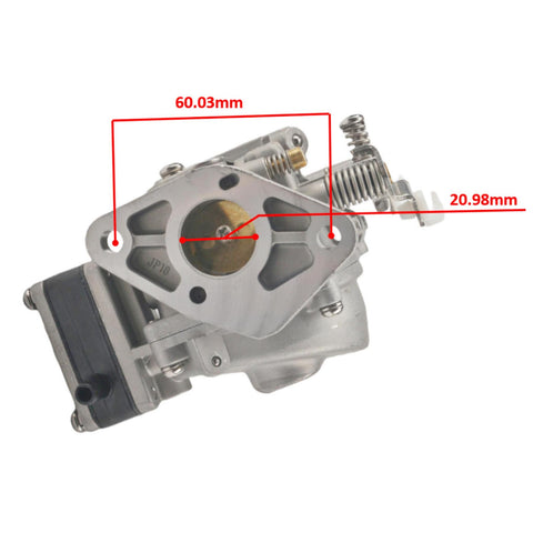 photo of jlm marine carburetor for tohatsu nissan 9.8hp 3b2-03200-1, metal construction, shows 60.03mm horizontal measurement and 20.98mm vertical measurement, JP13 marking