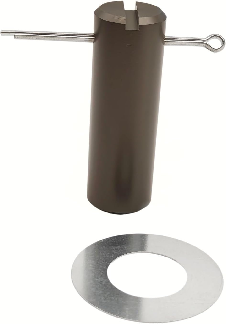 photo of JLM Marine lower gimbal housing steering pin 17-99353 for Mercruiser sterndrive, cylindrical metal body with top slot and inserted pin, white background
