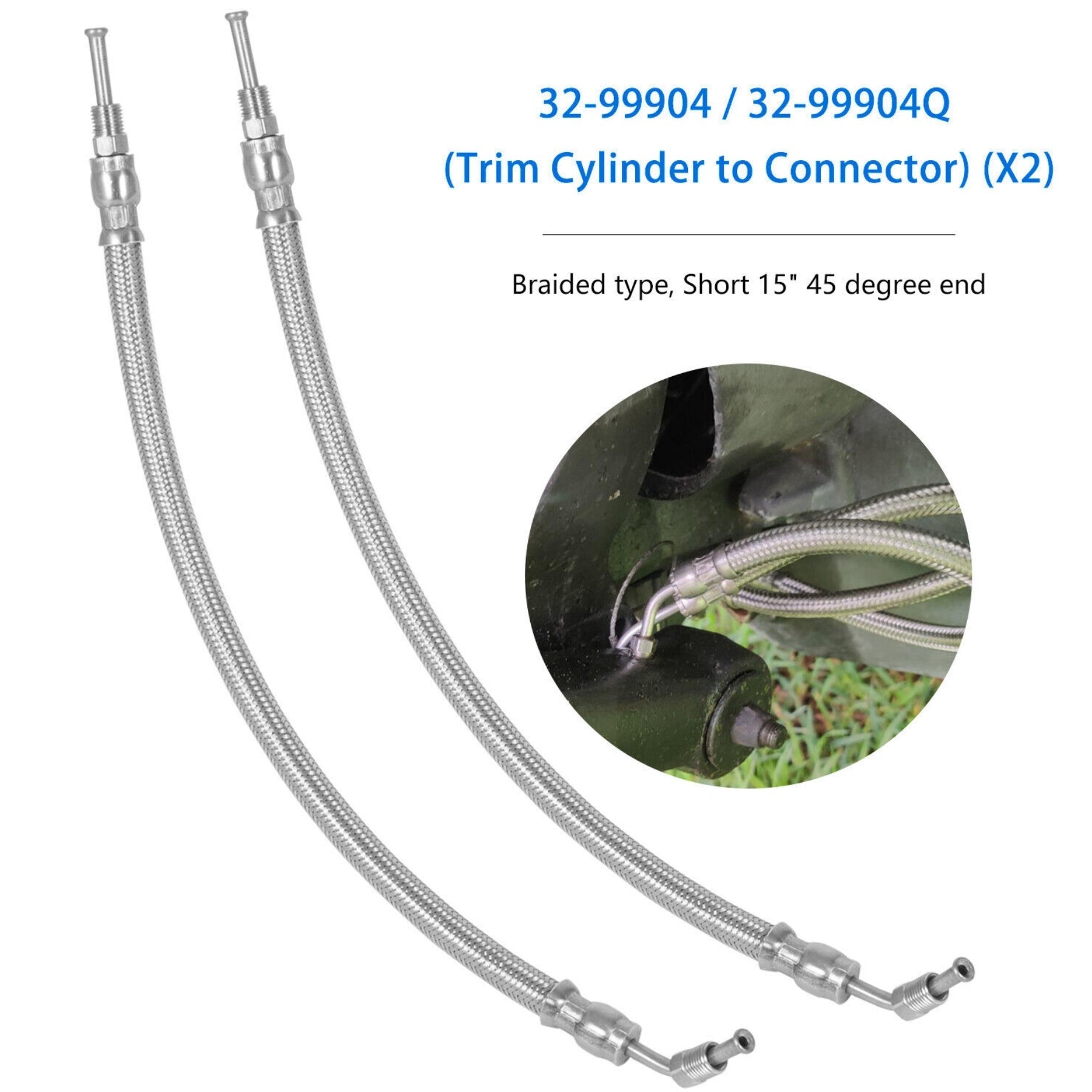 photo of jlm marine trim ram cylinder hose kit 32-99904q two braided stainless steel hoses 15 inch with 45 degree angled elbow connectors