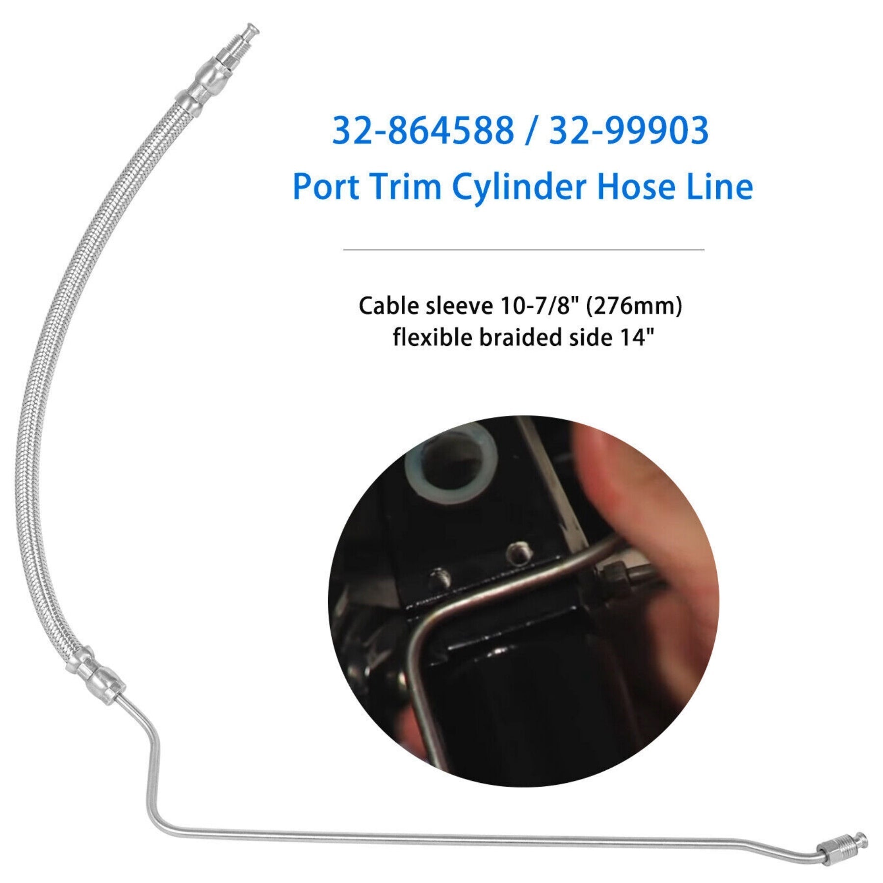photo of JLM Marine trim ram cylinder hose line for mercruiser, 32-864588, flexible braided silver hose with threaded fittings, 10-7/8 inch cable sleeve
