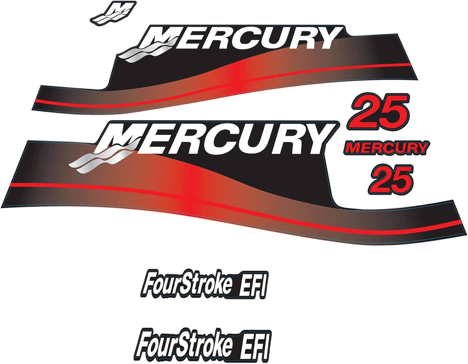 Mercury 25 HP Outboards Motor Top Cowl Cove Decal Sticker Set 811304A00, 854693A00, 808499A00, 897508A02, 854693A05 - JLM Marine - JLM Marine Boat Parts Limited