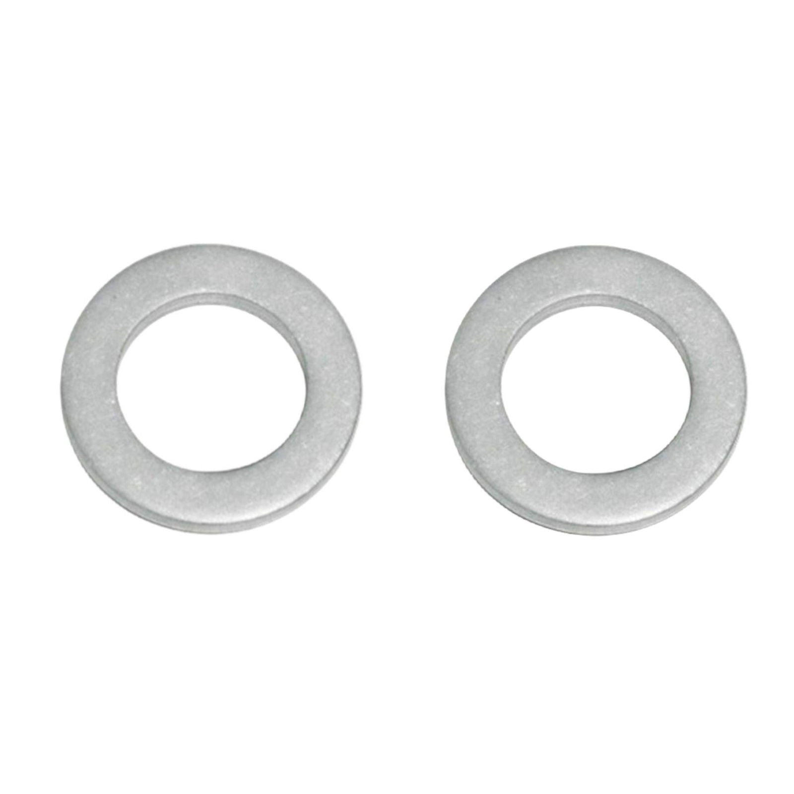 photo of two round gray oil drain plug crush washers by JLM Marine, part number 09168-12012, for Suzuki DF 25-350