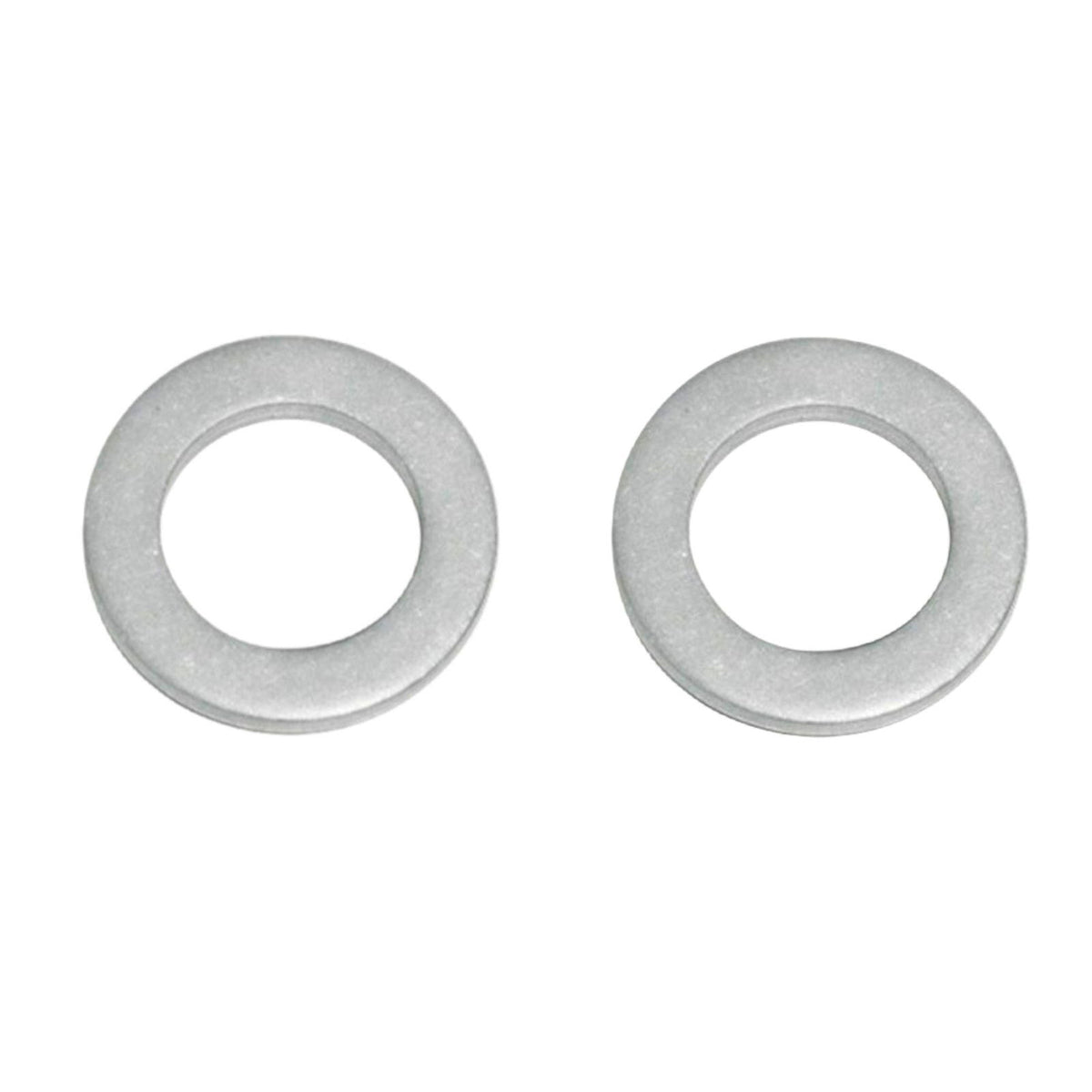 photo of two round gray oil drain plug crush washers by JLM Marine, part number 09168-12012, for Suzuki DF 25-350