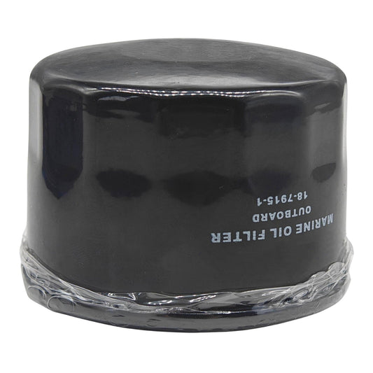 photo of jlm marine oil filter 18-7915-1, black cylindrical body with white text, domed black top, clear plastic wrap on bottom