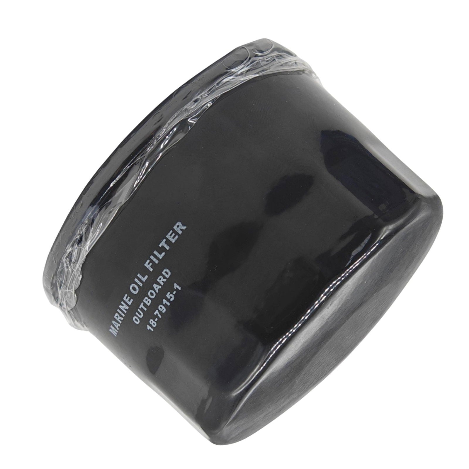 photo of jlm marine oil filter 18-7915-1 for suzuki evinrude mercury 25-70 hp outboards ribbed black cylindrical body visible white text some plastic packaging