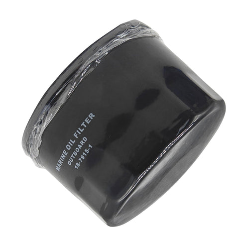 photo of jlm marine oil filter 18-7915-1 for suzuki evinrude mercury 25-70 hp outboards ribbed black cylindrical body visible white text some plastic packaging
